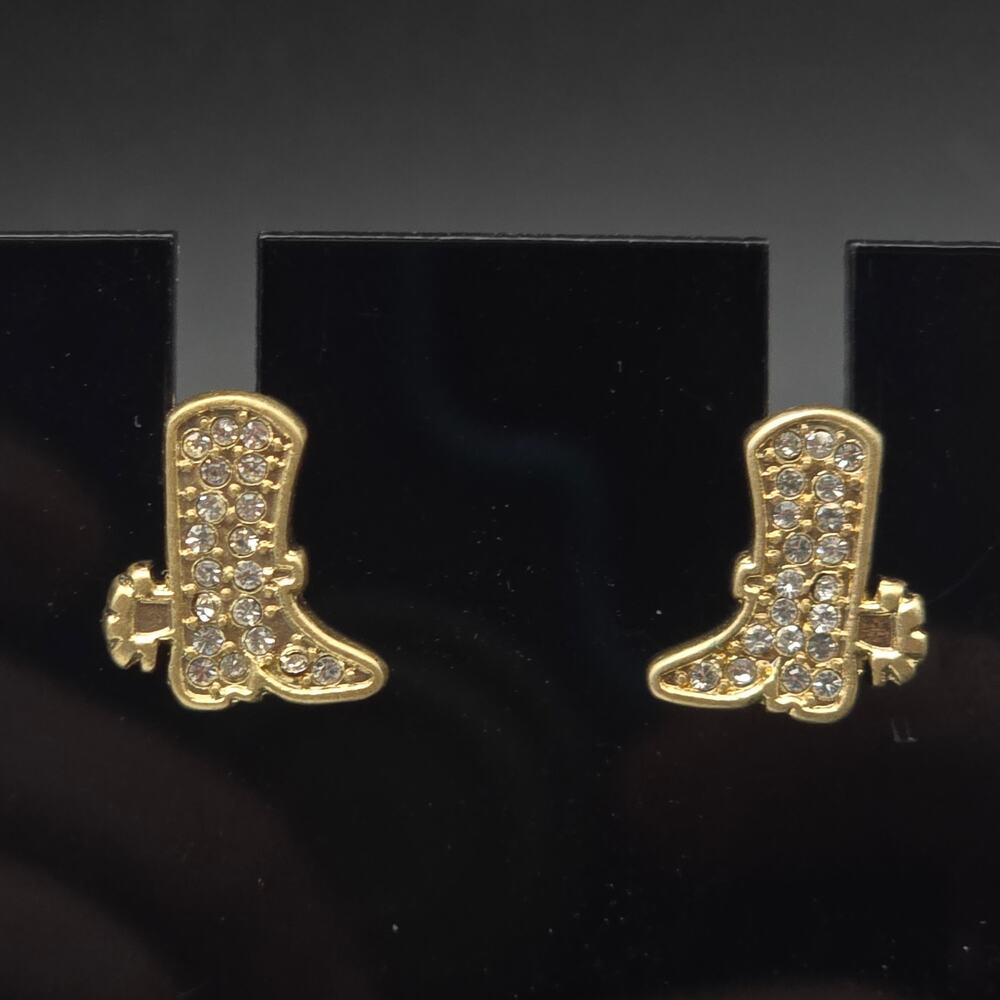 Jessica Simpson Rhinestone Cowboy Boot Stud Earrings Pierced Gold Tone Western
